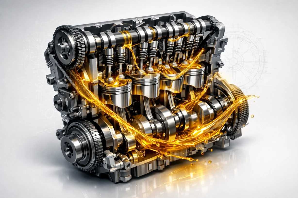 Schnittbild eines Motors mit sichtbar fließendem Öl zur Schmierung beweglicher Teile.