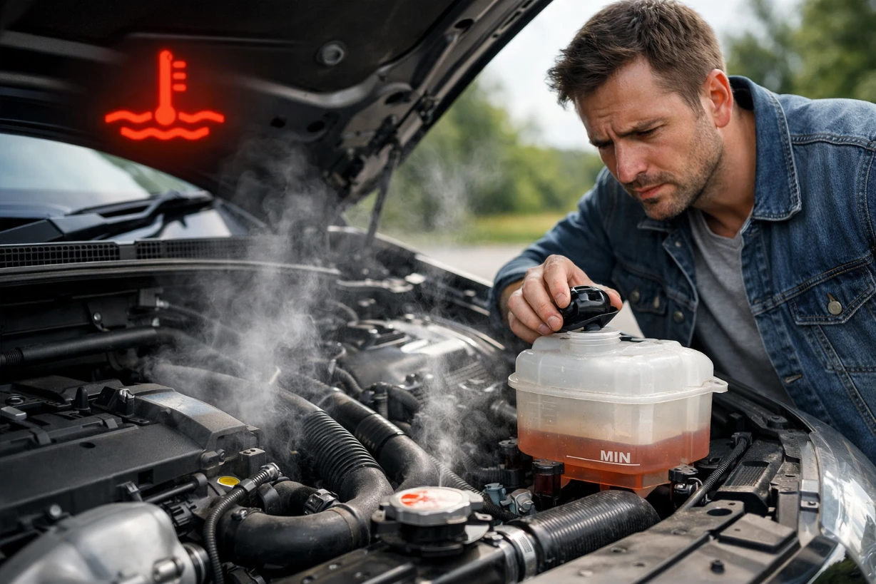Motorhaube offen, Mann prüft Kühlmittelstand im Motorraum während Warnleuchte und Dampf Überhitzung anzeigen.