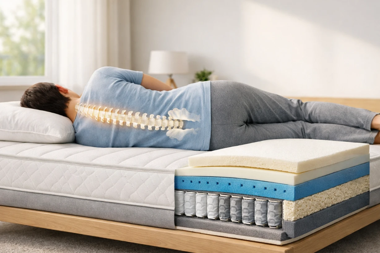 Person liegt seitlich auf ergonomischer Matratze, Wirbelsäule grafisch hervorgehoben, Matratzenaufbau sichtbar.