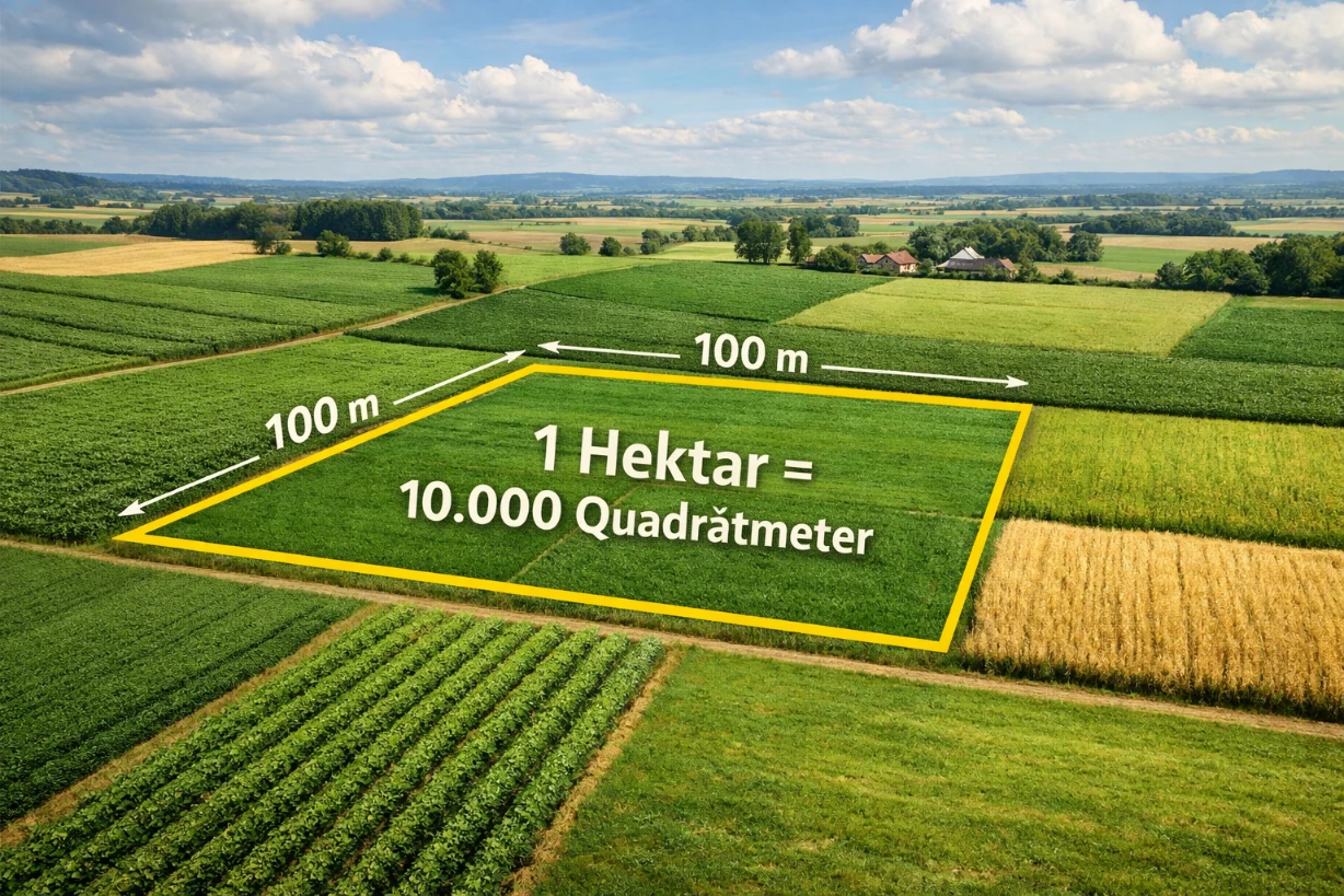 Luftaufnahme eines landwirtschaftlichen Feldes, 1 Hektar markiert mit Maßen und Textangabe.