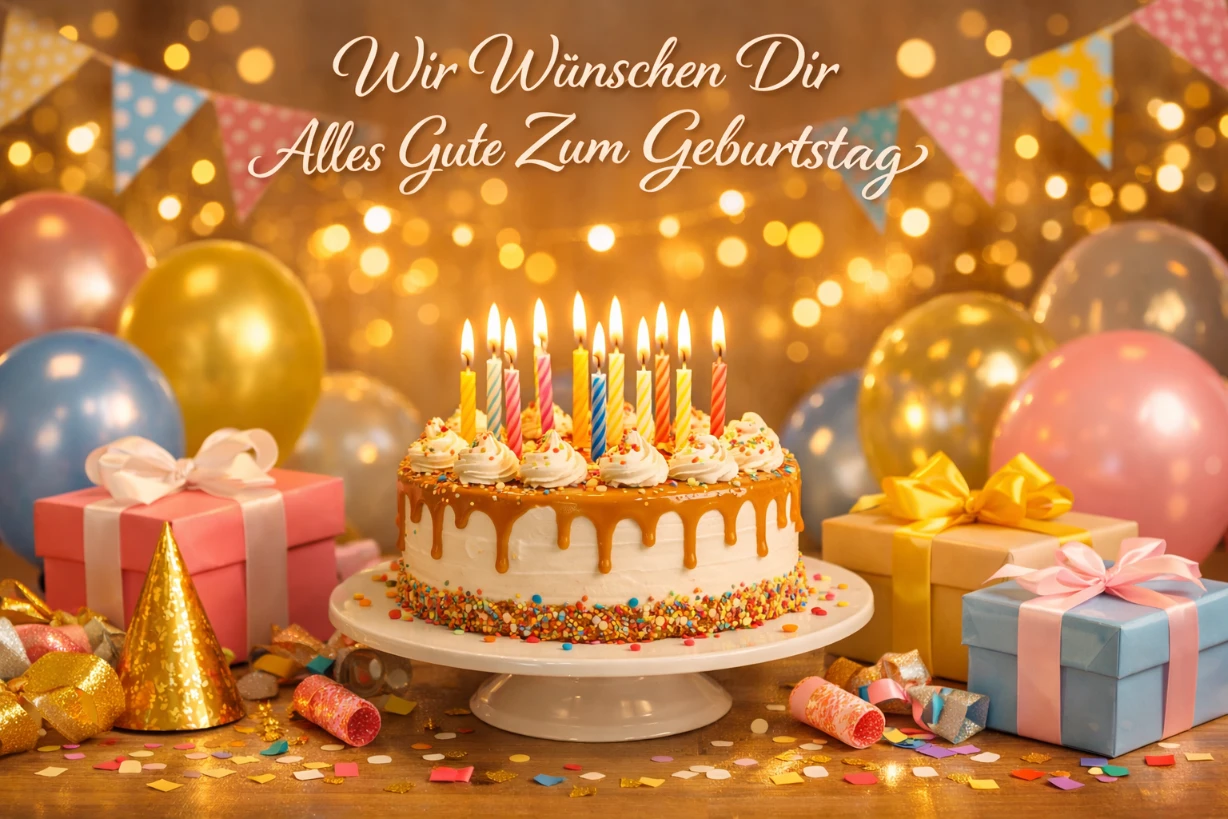 Festlich gedeckter Tisch mit Geburtstagskuchen, Kerzen, Geschenken, Luftballons und warmen Lichtern.