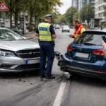 Realistische Szene eines leichten Autounfalls mit Polizist, Rettungskräften und Fahrern in der Stadt.