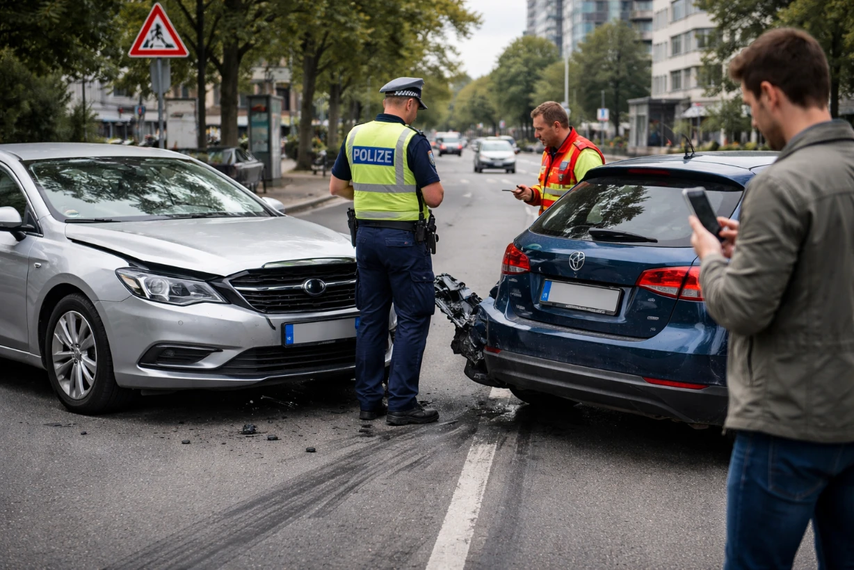 Realistische Szene eines leichten Autounfalls mit Polizist, Rettungskräften und Fahrern in der Stadt.