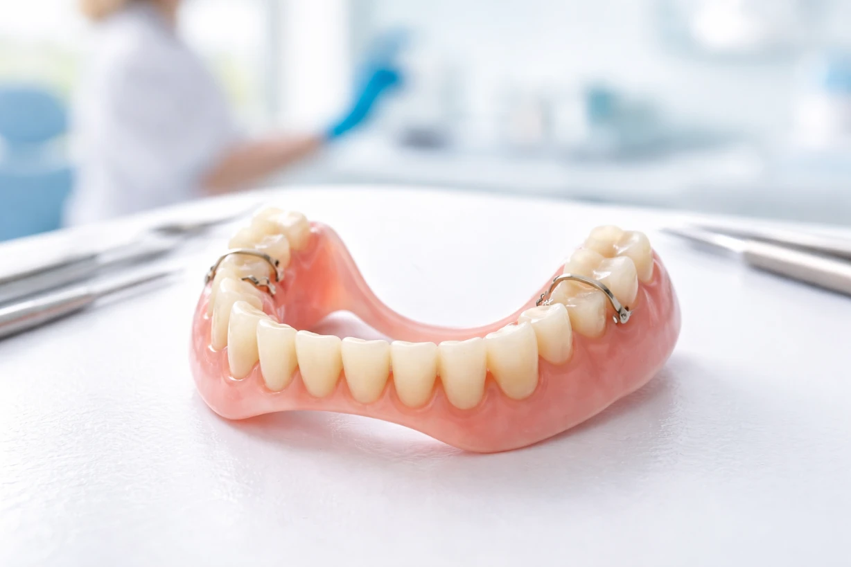Moderne gaumenfreie Oberkieferprothese auf hellem Zahnarzttisch, detailreich und sauber dargestellt.