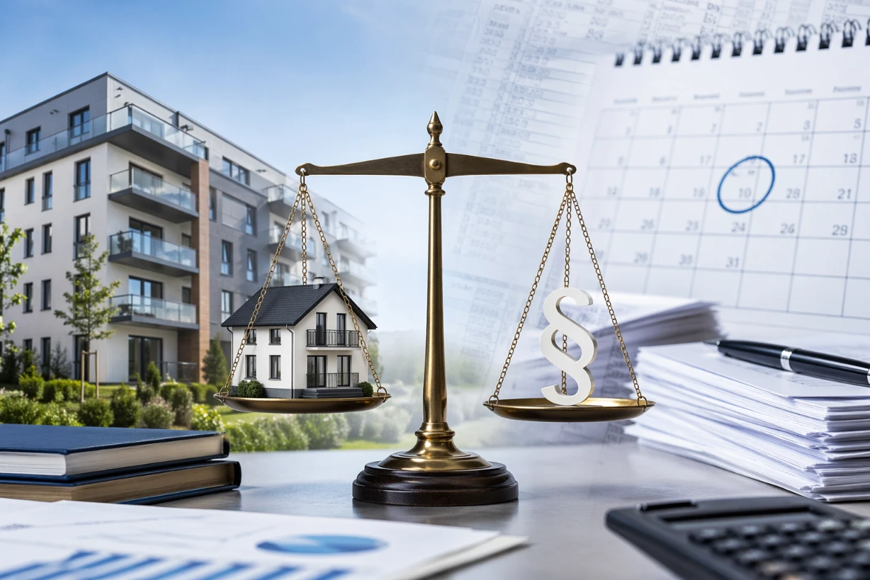 Modernes Editorialbild zur Immobilienrecht-Reform in Deutschland Haus Waage und Gesetzesdokumenten.