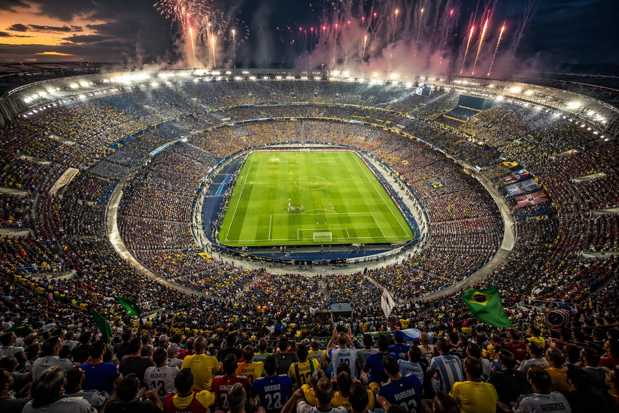 Riesiges Fußballstadion mit 200.000 Zuschauern, Spiel und Feuerwerk bei dramatischer Abendstimmung.