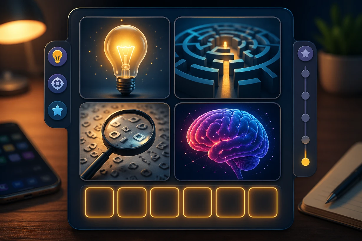 Puzzlebild mit vier Symbolen, Glühbirne, Labyrinth, Lupe und Gehirn, plus sechs leere Felder davor.