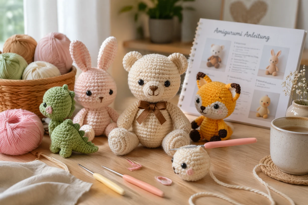 Gemütliche Szene mit bunten Amigurumi, Garn, Häkelnadel und Anleitung auf Holztisch im Licht.