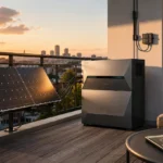 Moderner Balkonspeicher mit Solarpanels auf Stadtbalkon bei Sonnenuntergang in der Stadt. abends