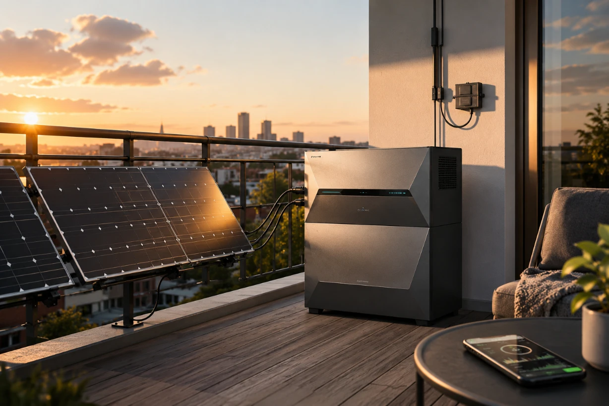 Moderner Balkonspeicher mit Solarpanels auf Stadtbalkon bei Sonnenuntergang in der Stadt. abends