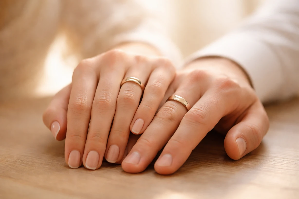 Zwei Hände mit schlichten Eheringen liegen nah beieinander auf einem Holztisch, Symbol für Liebe pur.