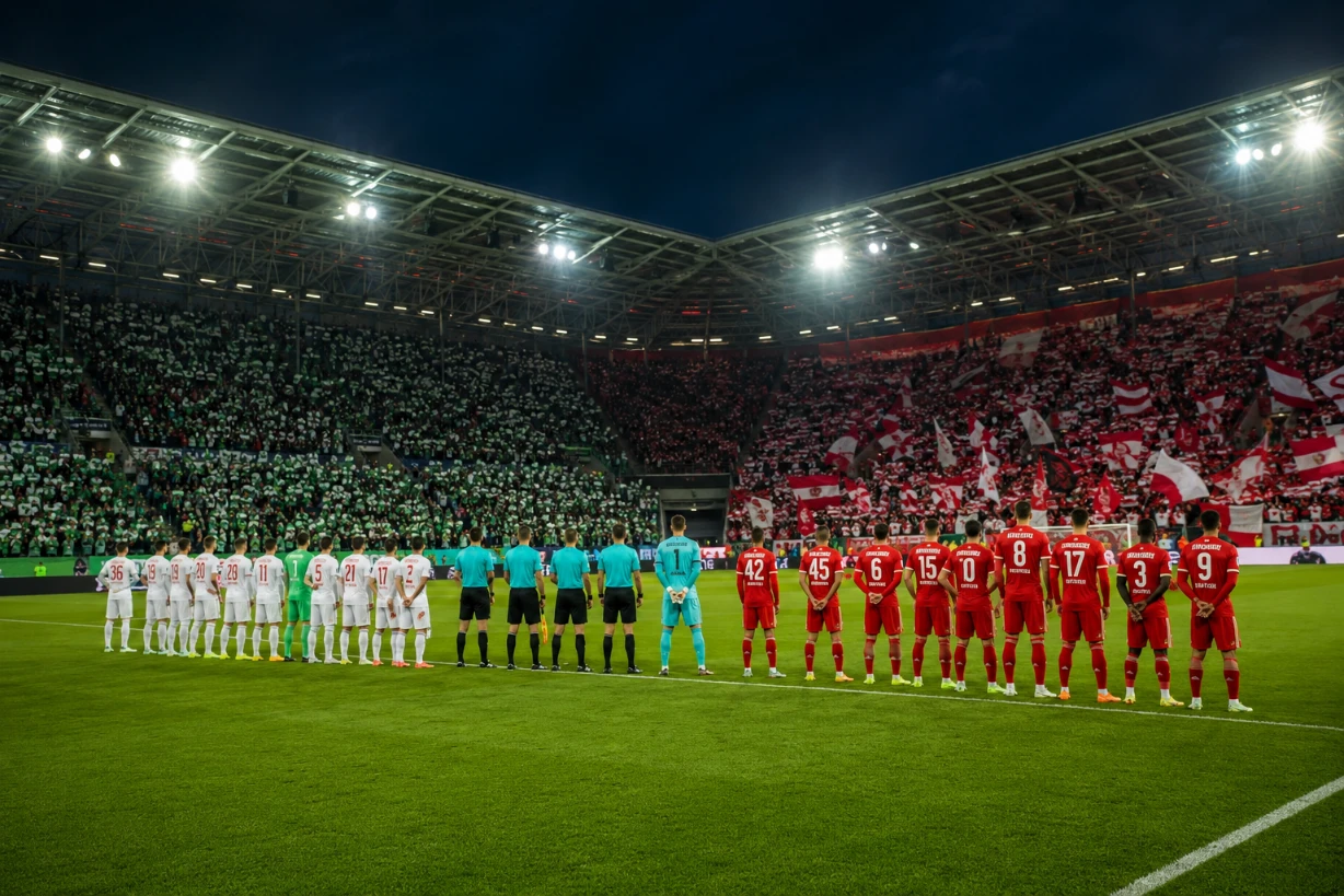 FC Augsburg und FC Bayern München stehen im Flutlichtstadion in ihren Startaufstellungen beim Spiel.