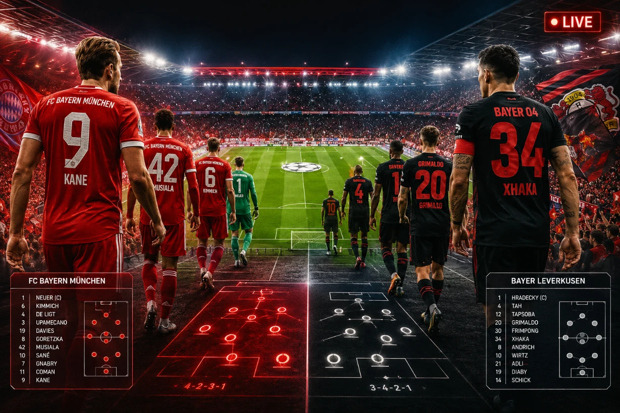 FC Bayern und Bayer Leverkusen vor Anpfiff im Flutlichtstadion mit Live-Spielgrafiken.