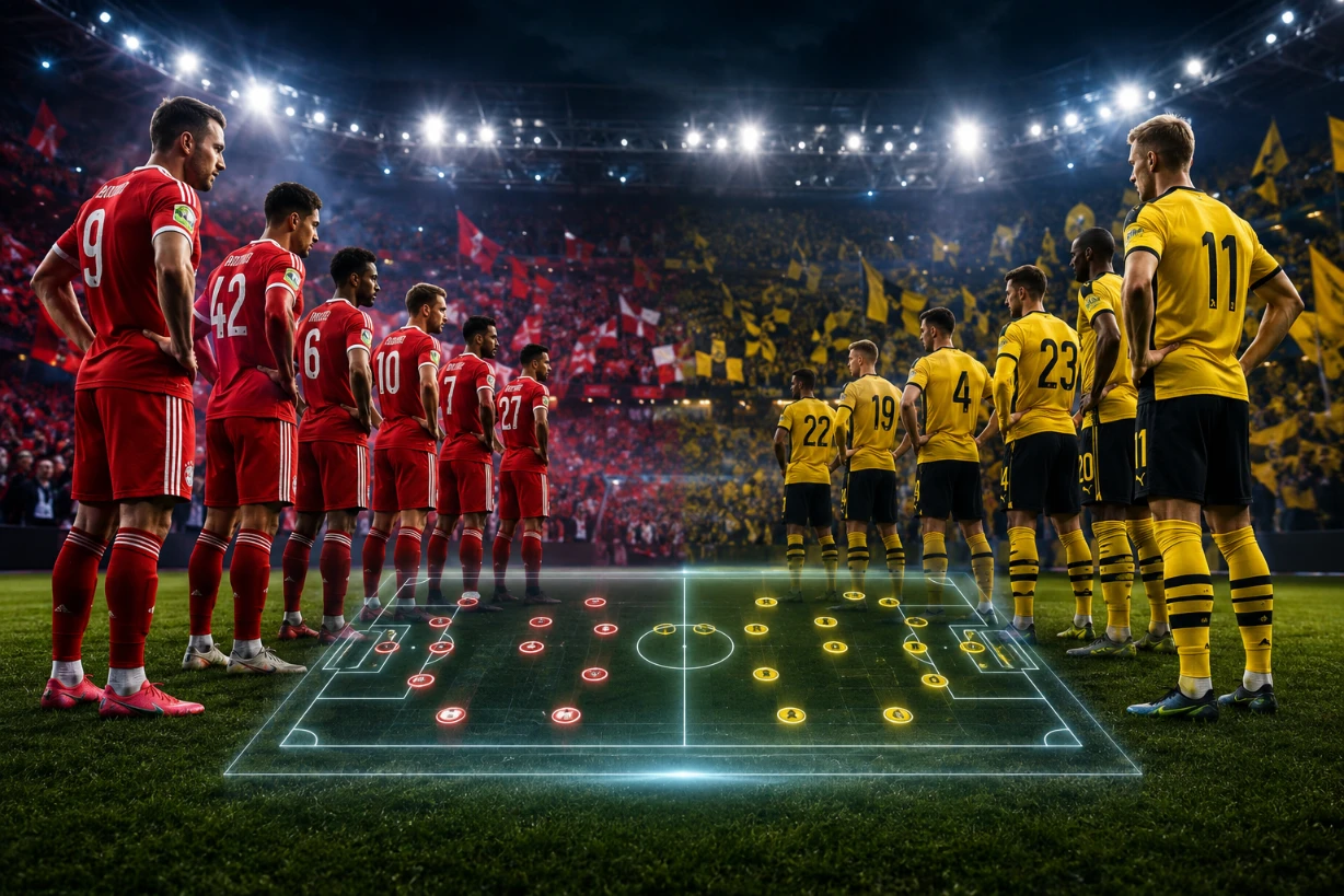 FC Bayern und Borussia Dortmund in intensiv Aufstellungen Stadion unter Flutlicht taktische Anzeige.