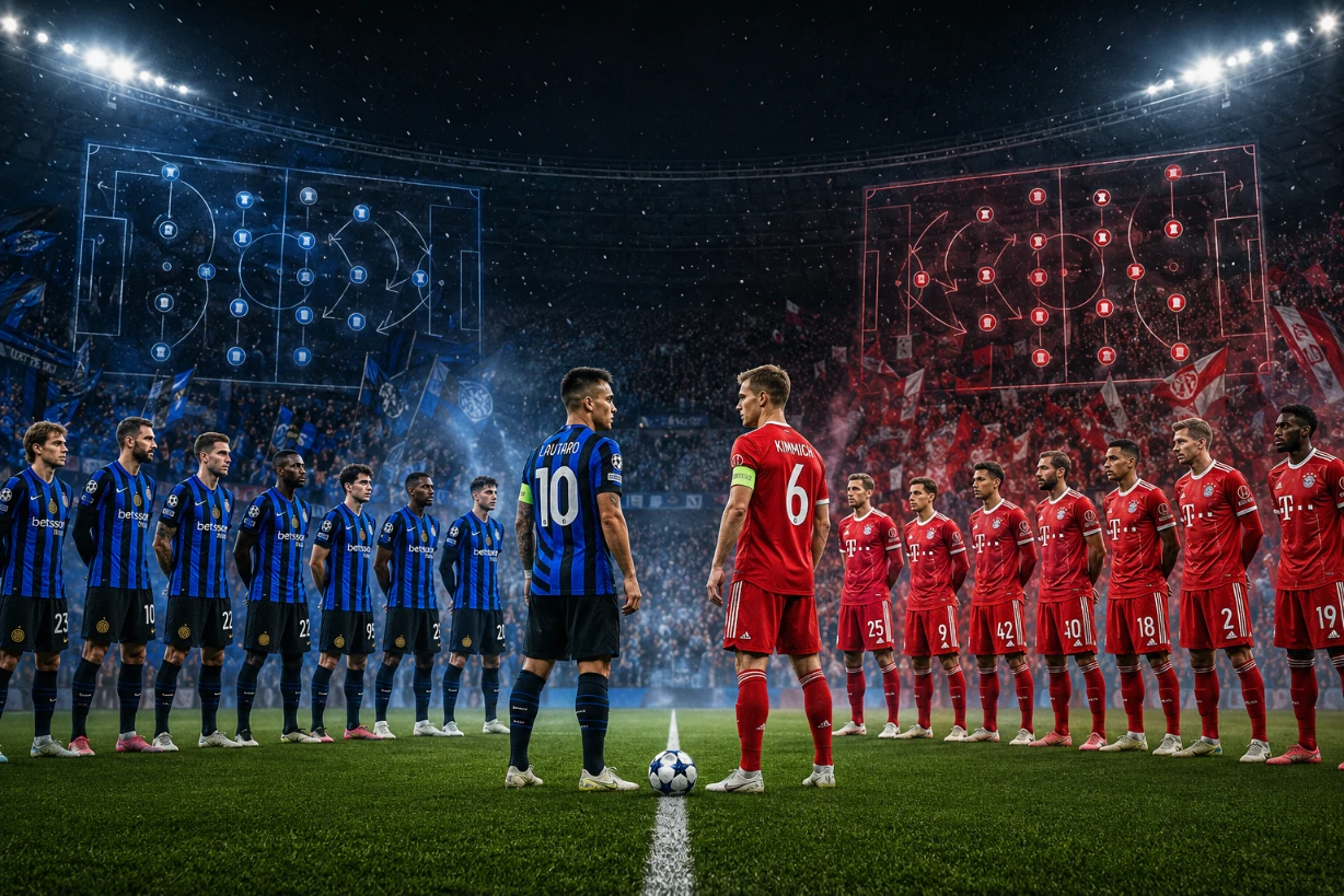 Inter Mailand und Bayern München vor Anpfiff im Stadion mit taktischen Aufstellungen nachts.