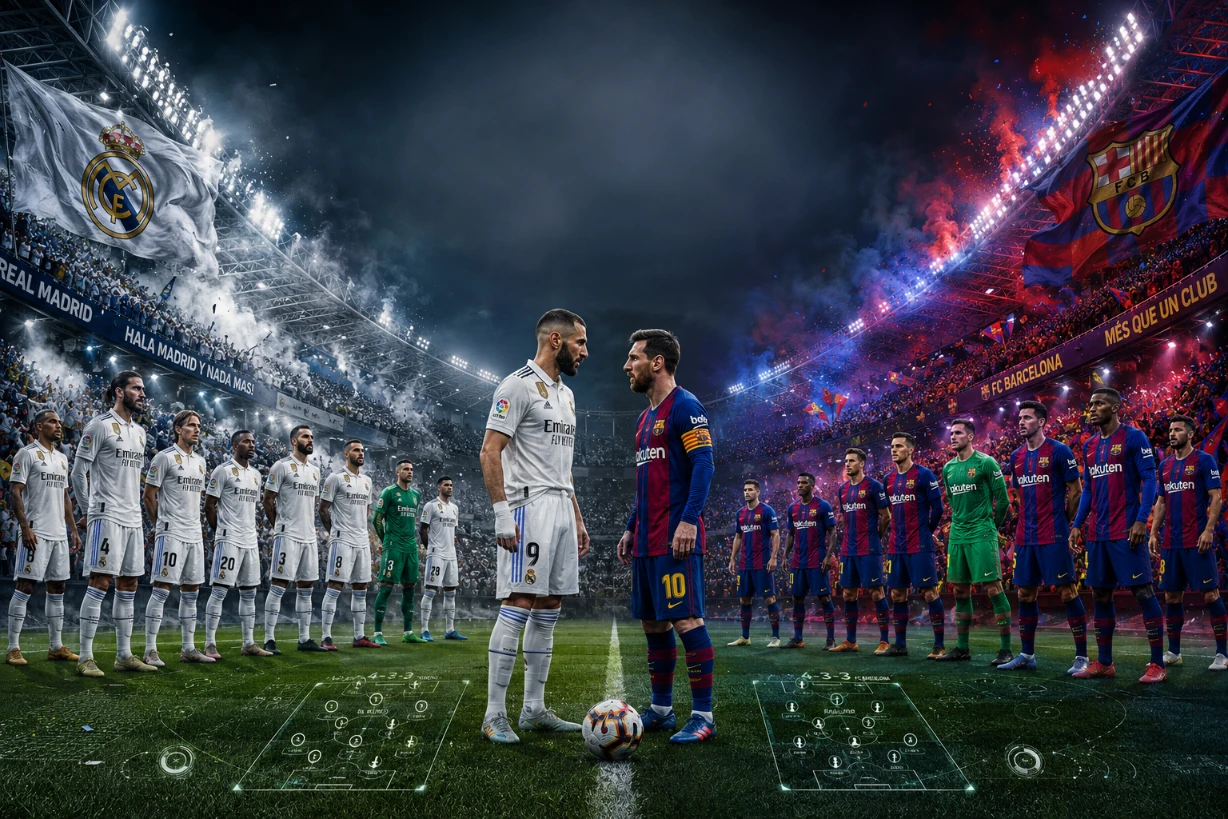 El Clásico zwischen Real Madrid und FC Barcelona im Stadion Spieler vor Anpfiff in dramatisch Szene.