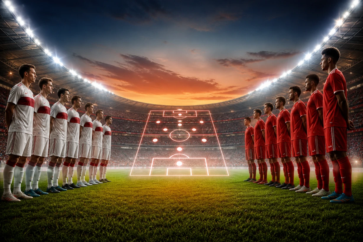 Dramatische Szene im Stadion: Stuttgart und Bayern stehen sich in Aufstellung gegenüber, Flutlichtabend.