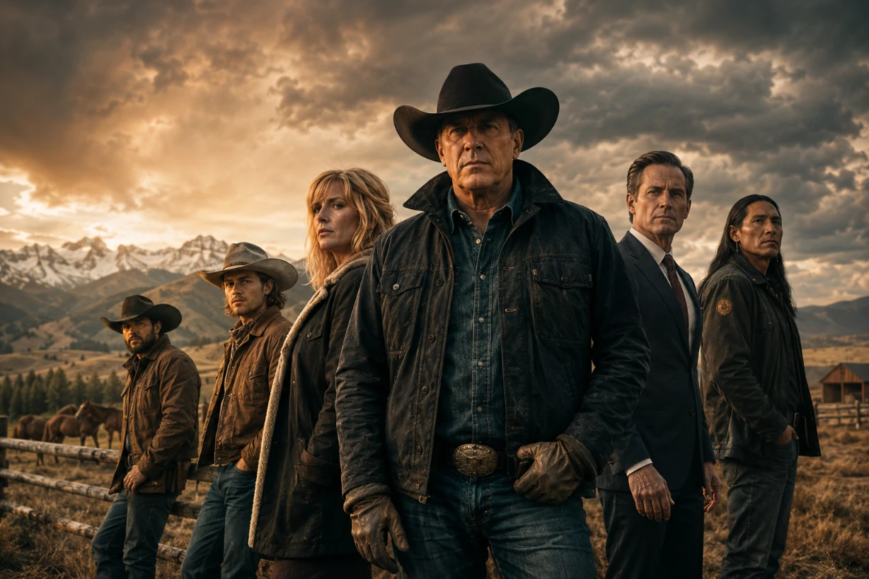 Dramatische Yellowstone-inspirierte Ranchszene mit Ensemble aus Cowboys vor Montana-Landschaft.