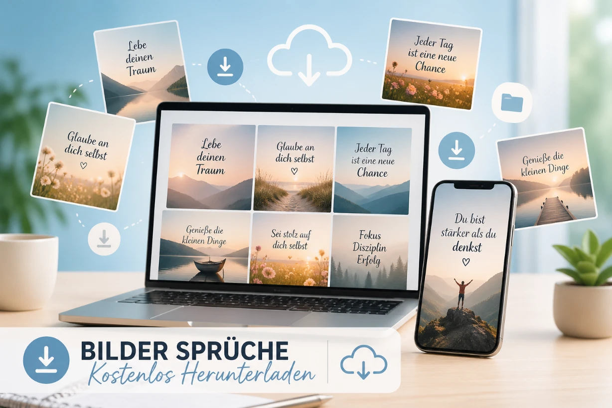 Modernes digitales Bild mit Smartphone und Laptop, inspirierende deutsche Sprüche und Download-Icons!