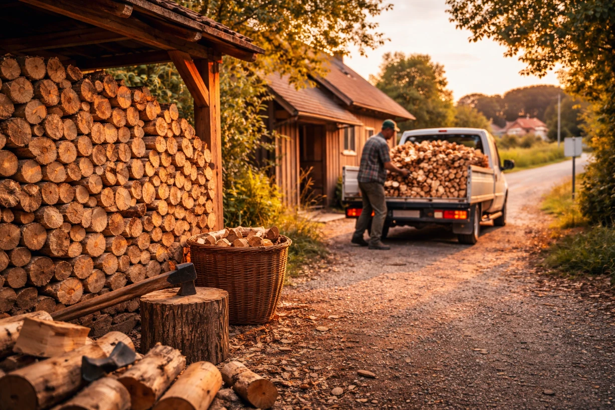 Gestapelte Brennholzscheite neben Haus, Lieferung per Transporter wird gerade entladen.