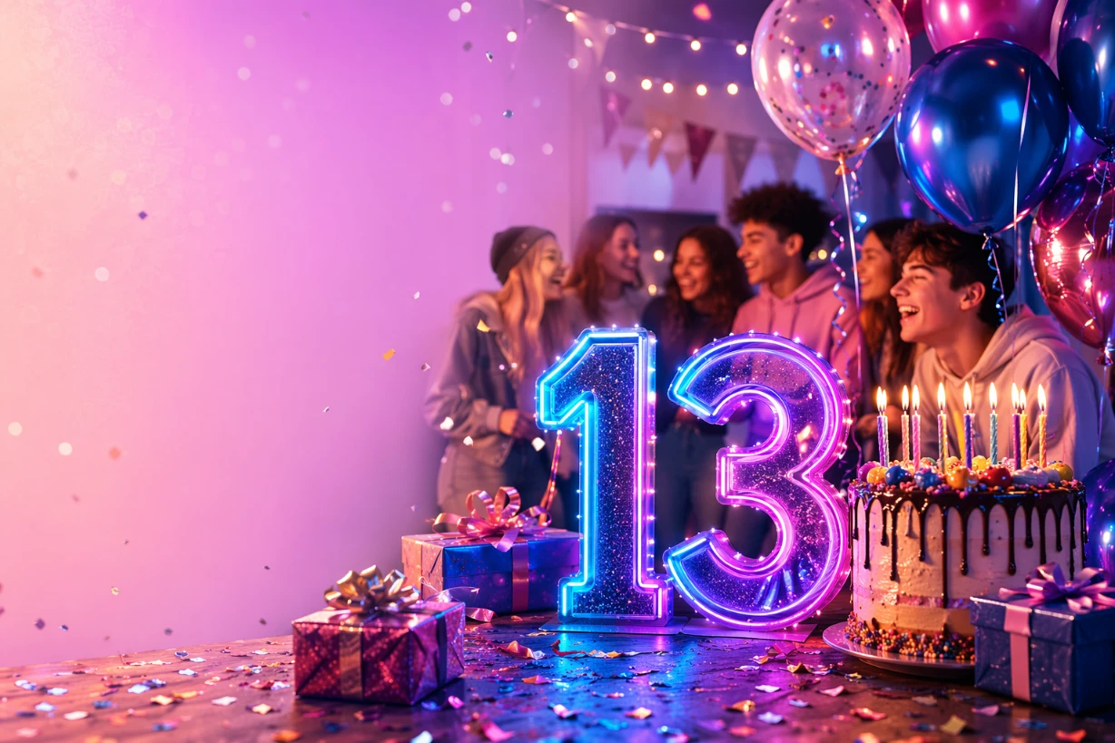 Teenager feiern 13. Geburtstag mit Neon-Zahl, Ballons, Kuchen und fröhlicher Stimmung.