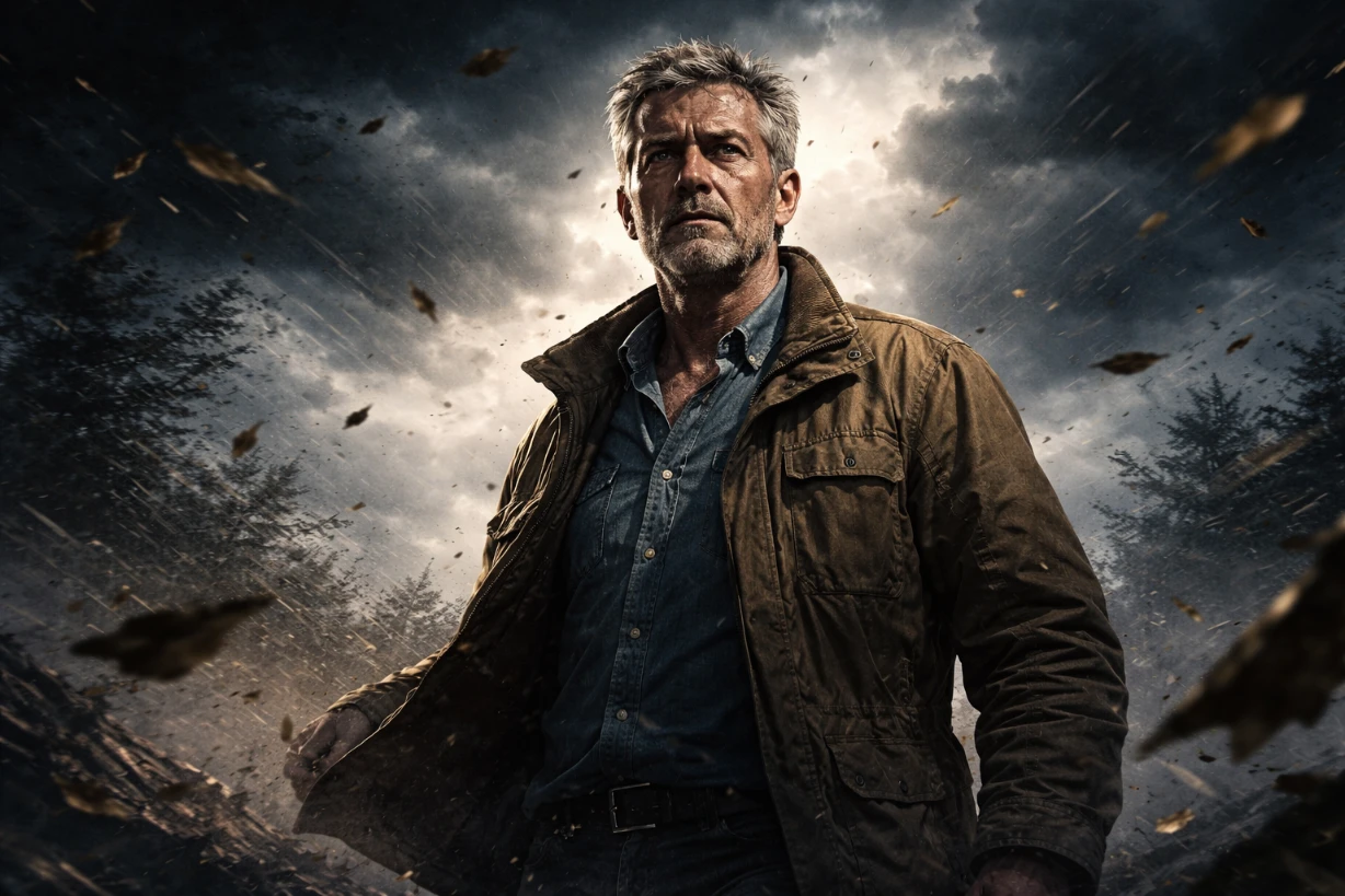 Willi steht ruhig im Sturm, unbeirrt von Chaos, mit entschlossenem Blick unter dunklen Wolken.