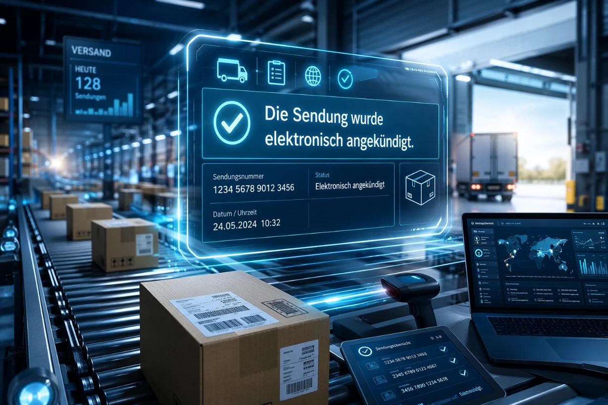 Modernes Logistikzentrum mit Förderband, Paketen und digitaler Sendungsverfolgung im System.