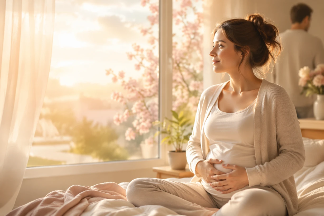 Junge Frau sitzt am Fenster im warmen Morgenlicht, Symbol für Hoffnung und neue Fruchtbarkeit nach.