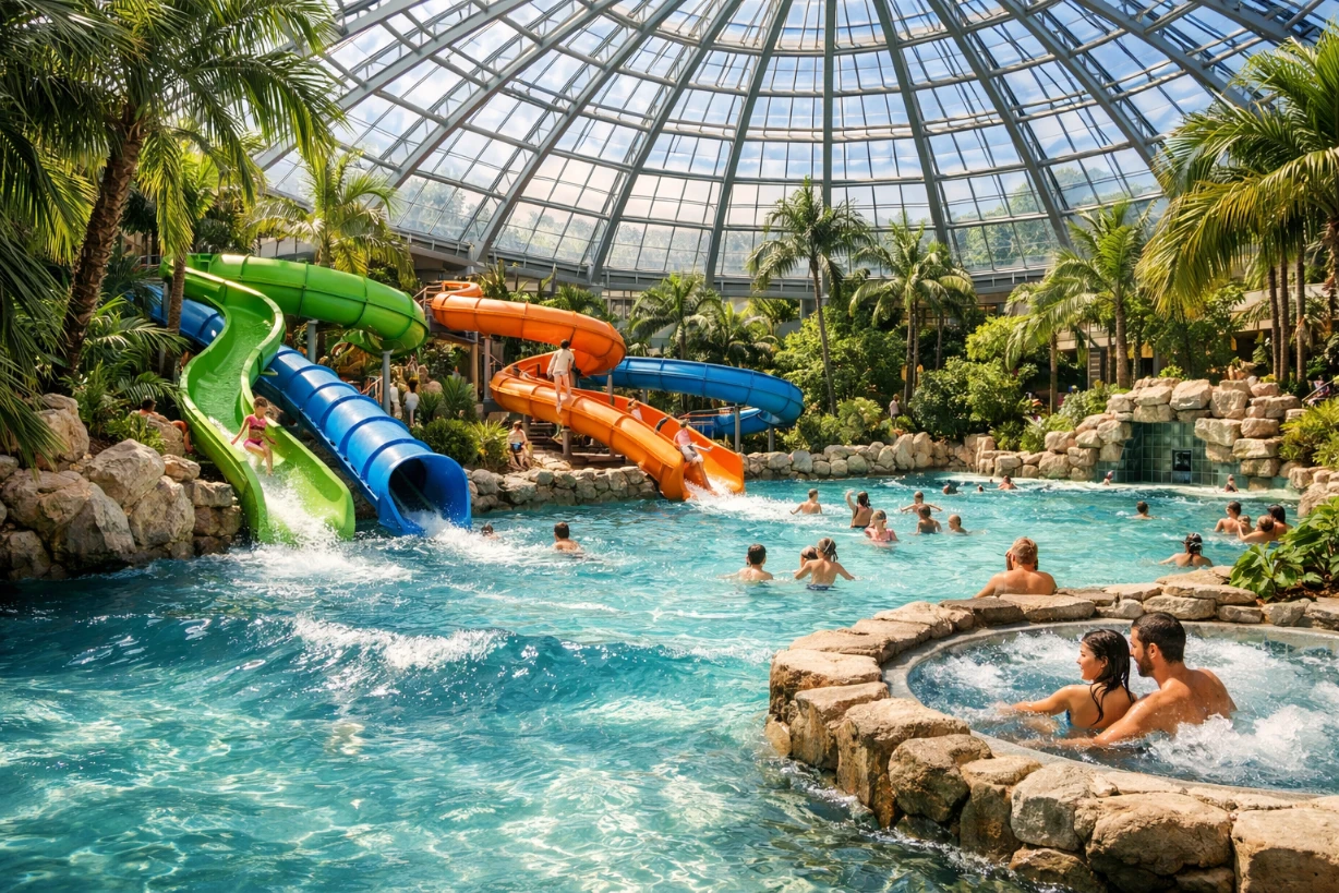 Tropisches Erlebnisbad mit Rutschen, Palmen, Wellenbecken und Besuchern im Aqua Mundo Park.