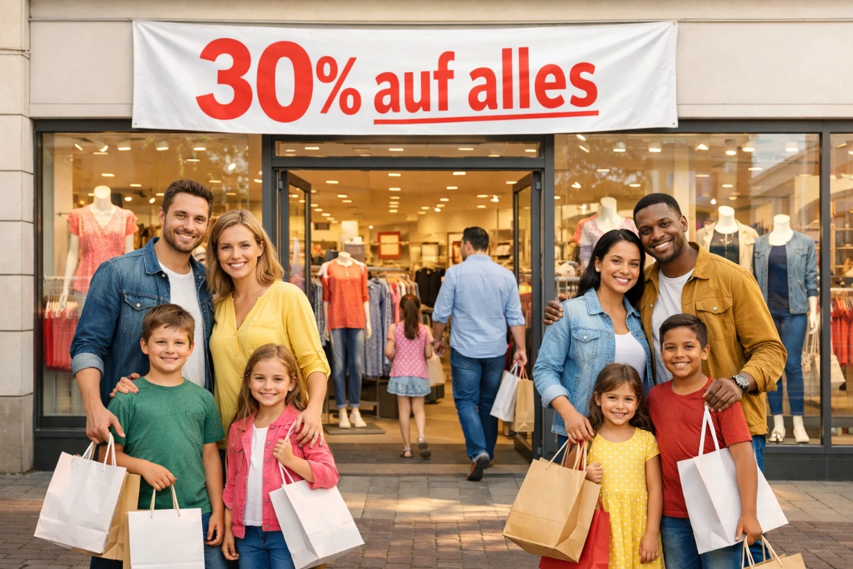 Familien kaufen Kleidung im Modegeschäft mit „30% auf alles“-Rabatt in deutscher Einkaufsstraße.