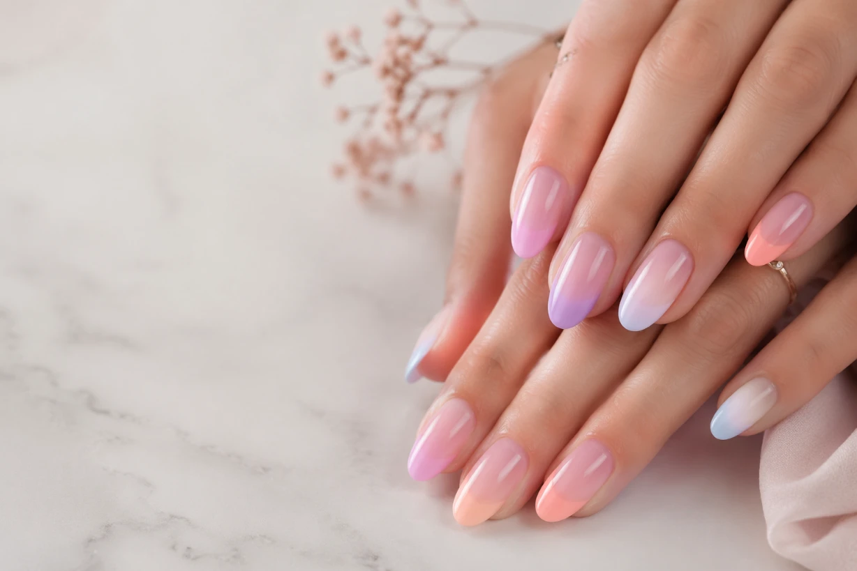 Elegante Hände mit Babyboomer Nägeln in sanftem Farbverlauf und zarten Pastelltönen.