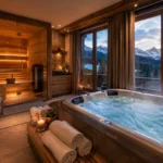Luxuriöse Ferienwohnung mit Sauna und Whirlpool, warmes Holz, Bergblick, entspannte Spa-Atmosphäre .