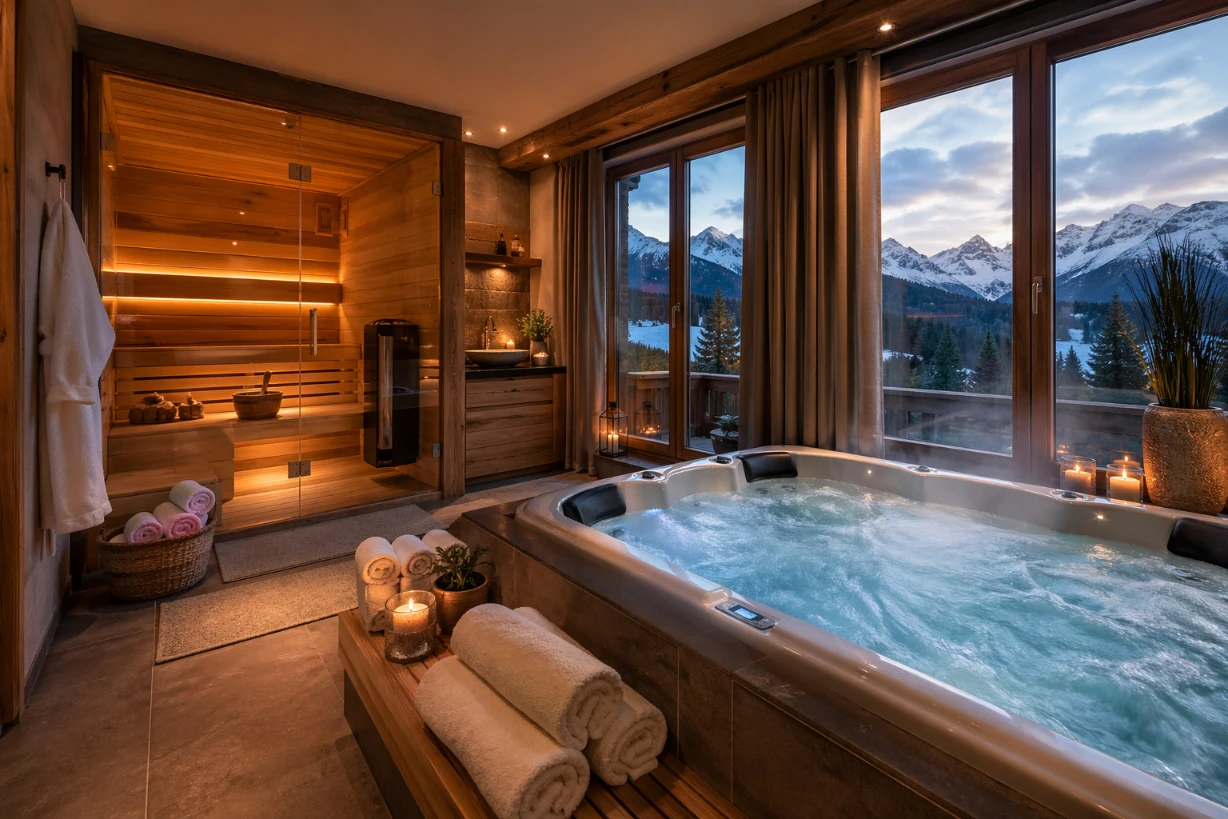 Luxuriöse Ferienwohnung mit Sauna und Whirlpool, warmes Holz, Bergblick, entspannte Spa-Atmosphäre .