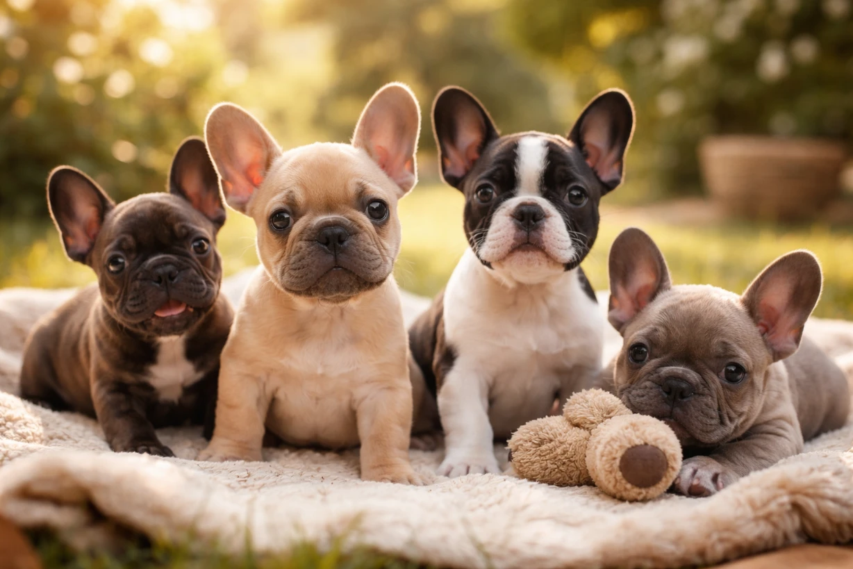 Niedliche Französische Bulldoggen Welpen spielen entspannt im warmen Licht in gemütlicher Umgebung.