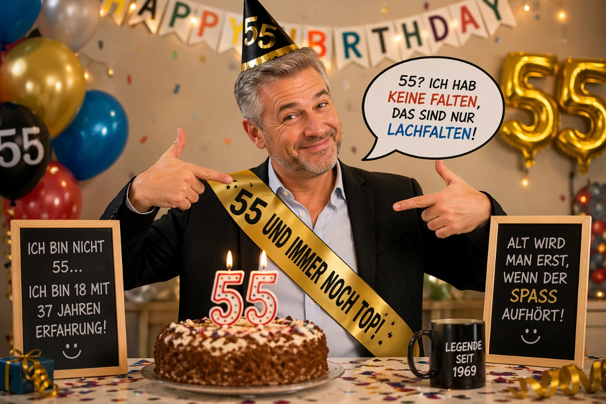 Gut gelaunter Mann zum 55. Geburtstag mit Torte, Deko und humorvollen Sprüchen in Partyatmosphäre.