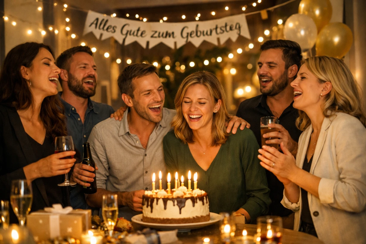 Freunde feiern Geburtstag singen fröhlich um Kuchen bei warmem Licht in gemütlichem Raum mit Kerzen.