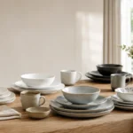 Edles Geschirrset aus Porzellan und Keramik auf modern gedecktem Tisch mit stilvollen Details.