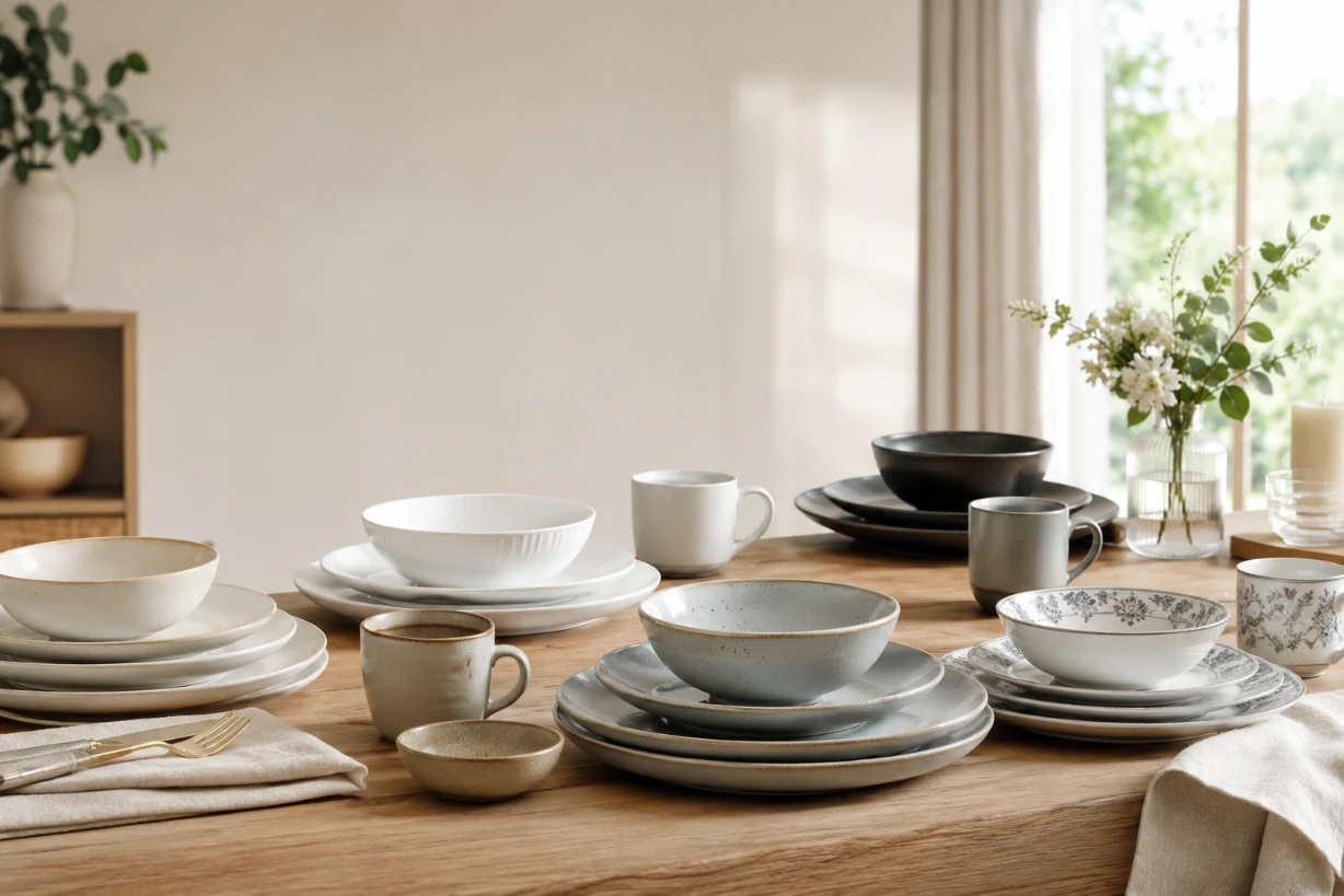 Edles Geschirrset aus Porzellan und Keramik auf modern gedecktem Tisch mit stilvollen Details.