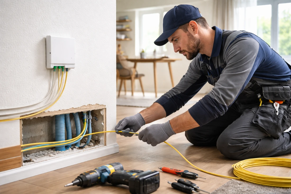 Techniker verlegt Glasfaser in einem modernen Haus, Wand geöffnet, Netzwerkinstallation sichtbar klar.