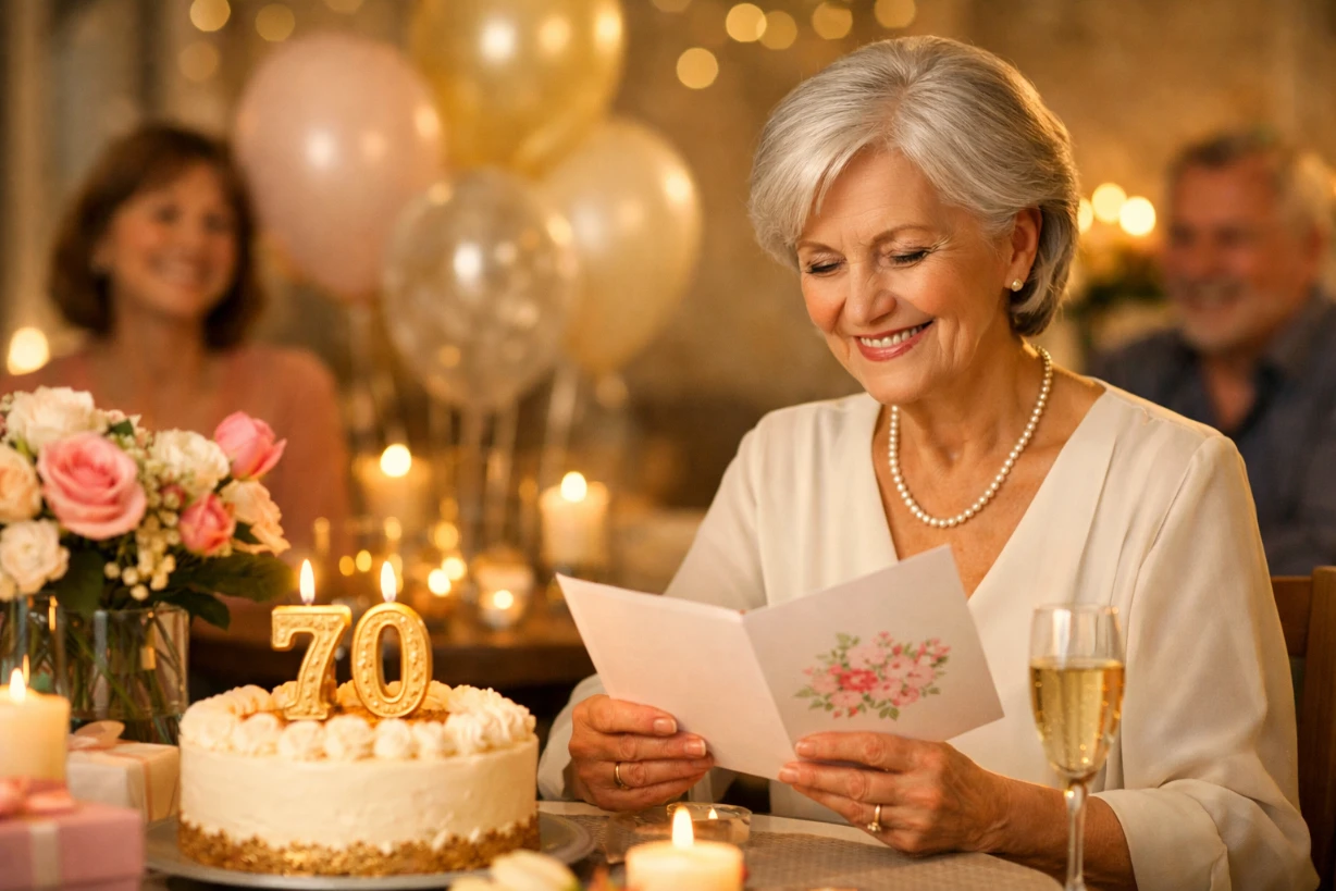 Elegante Frau zum 70. Geburtstag liest Karte, lächelt, umgeben von Kerzen, Kuchen und Blumen dezent.