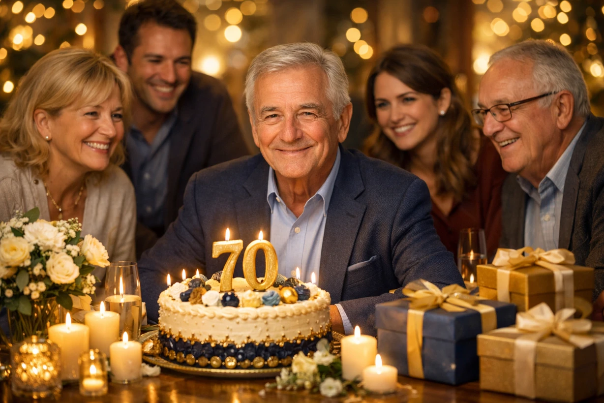 70-jähriger Mann feiert Geburtstag mit Familie, Torte mit 70 Kerzen und warmer Atmosphäre im Festsaa.