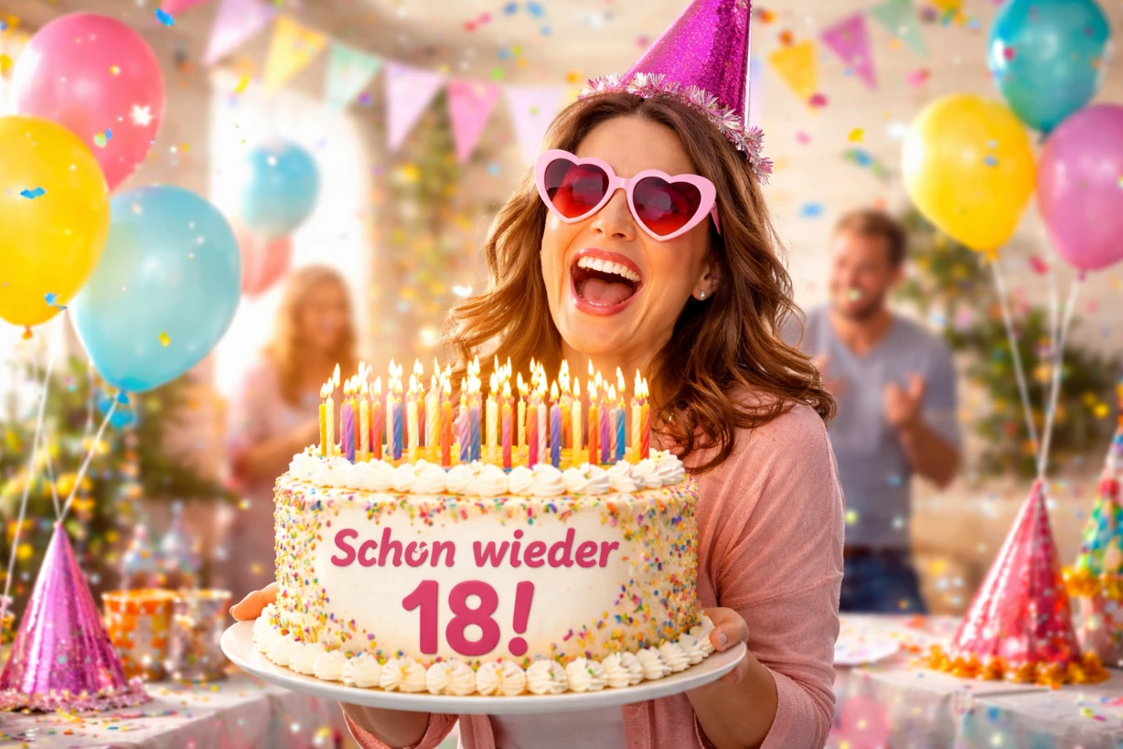 Fröhliche Frau feiert Geburtstag mit lustiger Torte, bunten Ballons und Konfetti im Raum.