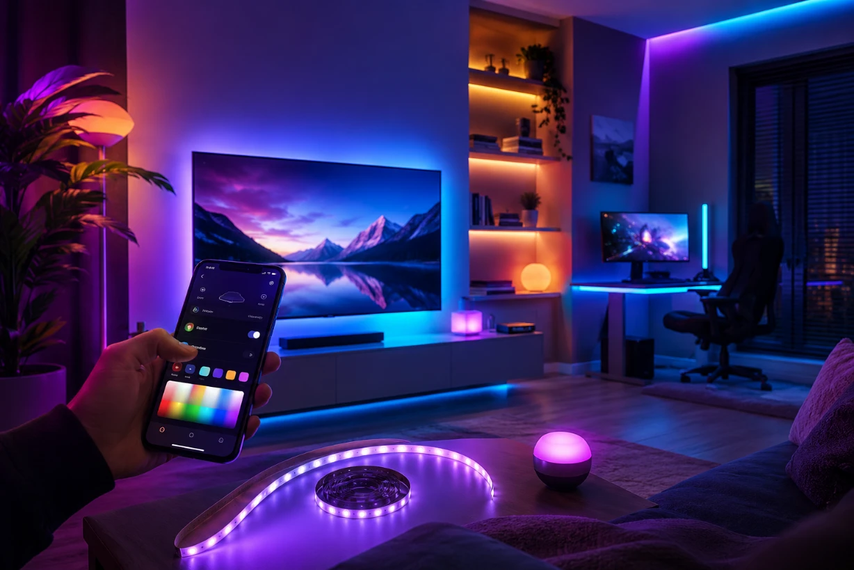 Modernes Wohnzimmer mit RGB-LED-Streifen, Smart-Home-Steuerung per App gemütliche Gaming-Atmosphäre.