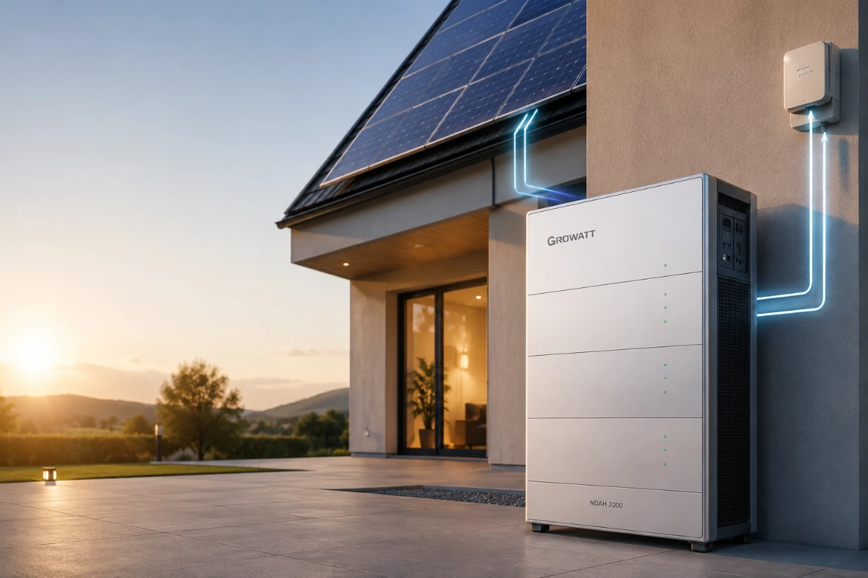 Modernes Wohnhaus mit Solaranlage und Batteriespeicher für effiziente Nutzung von Solarstrom.