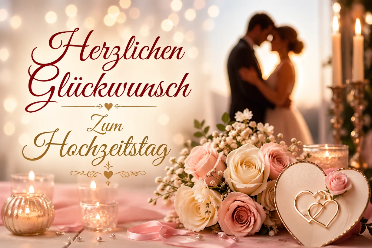 Romantische Szene mit Rosen, Kerzen und Paar im Hintergrund, Hochzeitstag stilvoll gefeiert.