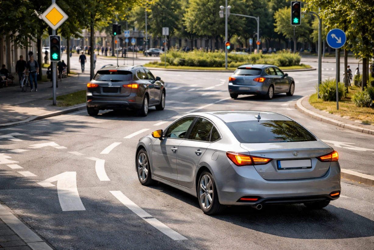 Auto blinkt beim Abbiegen an Kreuzung, weitere Fahrzeuge zeigen Spurwechsel und Ausfahrt an.