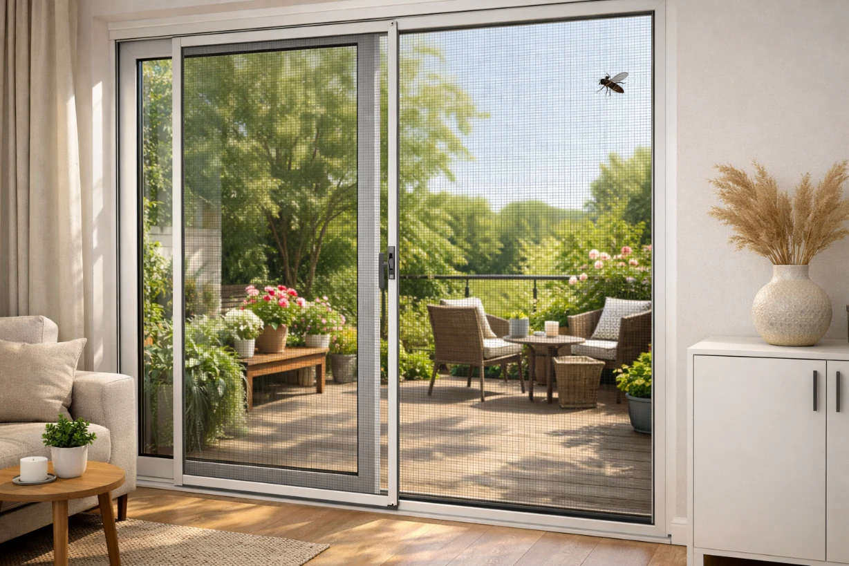 Moderne Schiebetür mit Insektenschutz ohne Bohren, Blick auf sonnigen Balkon mit Pflanzen.