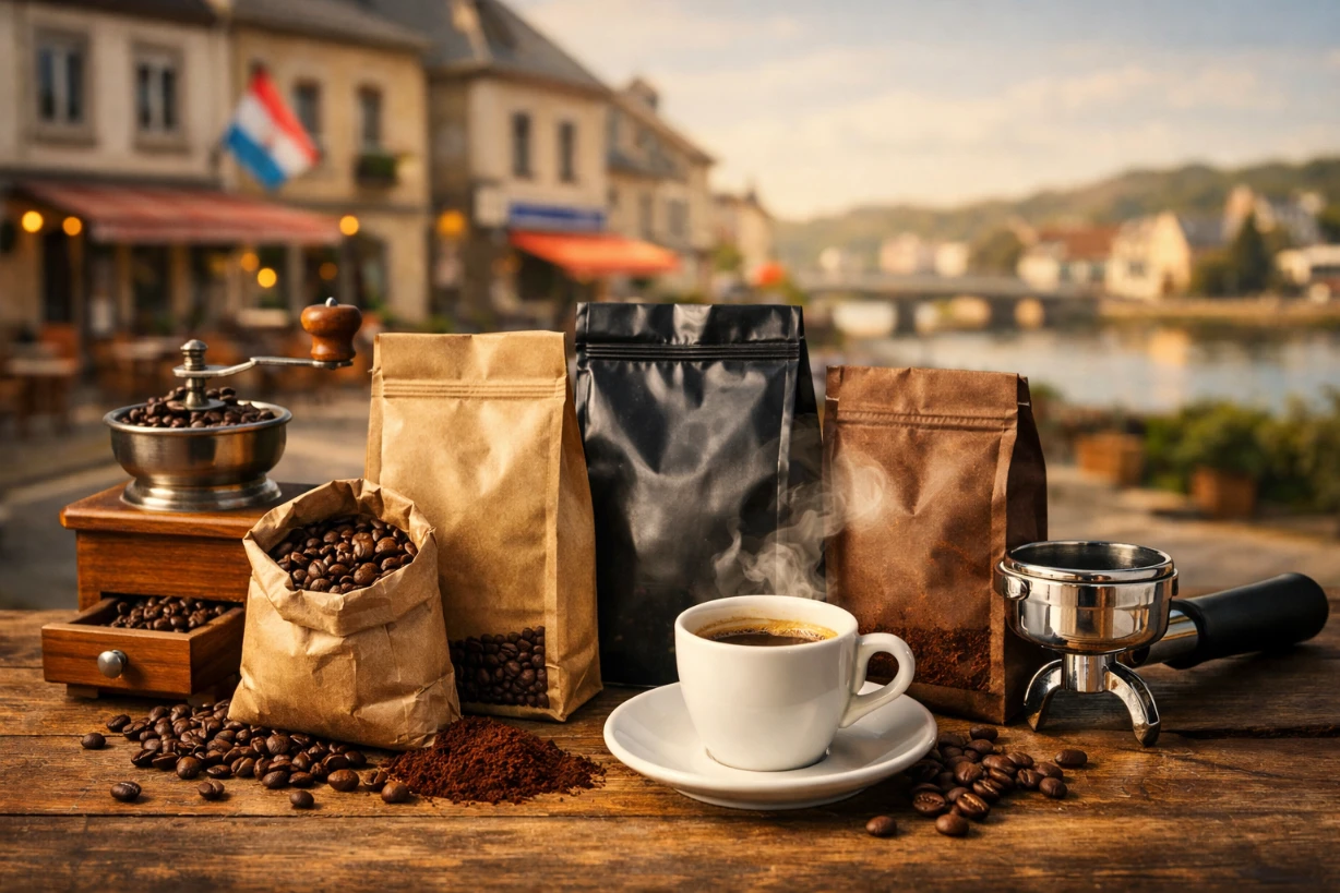 Kaffeebohnen, Tasse Espresso und Mühle vor unscharfer Straßenszene in Wasserbillig, Luxemburg.
