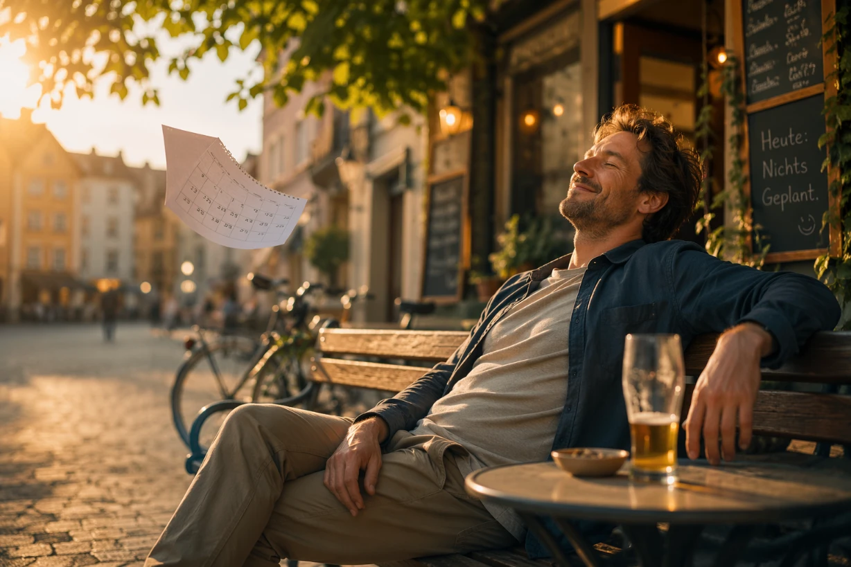 Entspannte Person sitzt auf Parkbank vor Café im goldenen Licht eines sorglosen Nachmittags warmruhig.