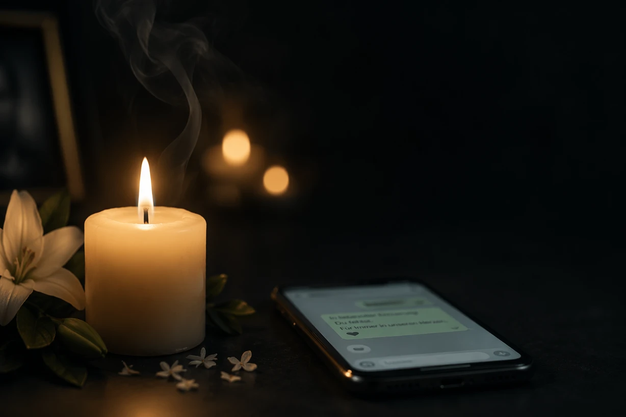 Brennende Kerze neben Smartphone in dunkler, ruhiger Szene als Zeichen von Trauer und Erinnerung.